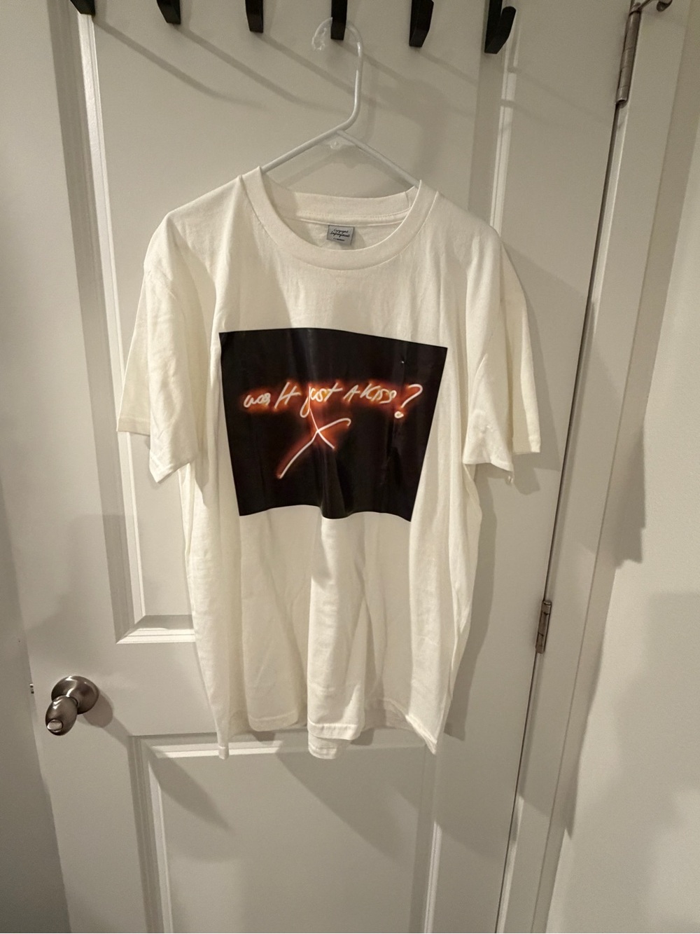White Short Sleeve Graphic Tee with Neon Script Print